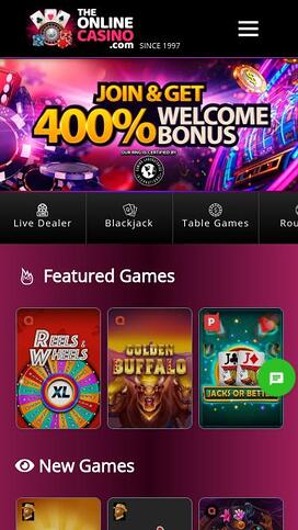 Página de inicio móvil de TheOnlineCasino