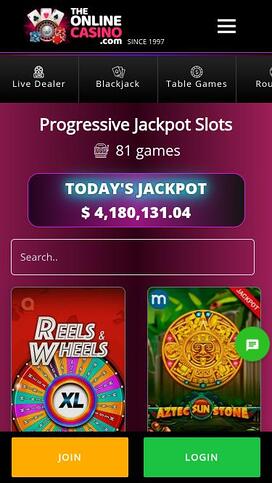 Página móvil del jackpot de TheOnlineCasino