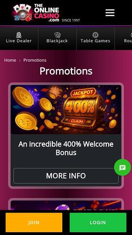 Página móvil de promociones de TheOnlineCasino