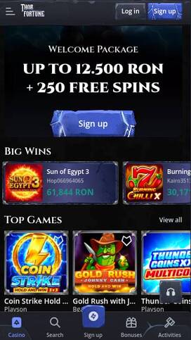 Captura de pantalla móvil de la página de inicio del casino Thorfortune
