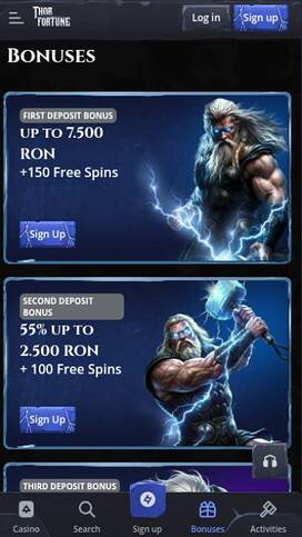 Captura de pantalla de la página móvil de promociones del casino Thorfortune