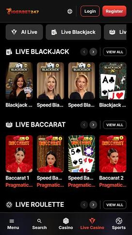 Página móvil del casino con crupier en vivo de TigerBet247