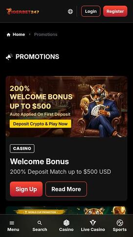 Página móvil de promociones del casino TigerBet247