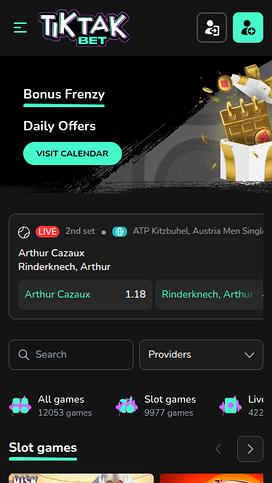 TikTakBet Casino Mobile Homepage