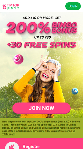 Tip Top Bingo Casino Mobile Homepage