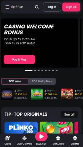 Homepage mobile screenshot of TipTop Casino