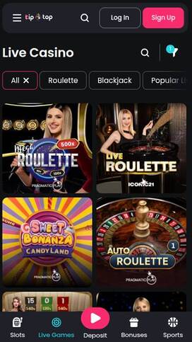 Live mobile page screenshot of TipTop Casino