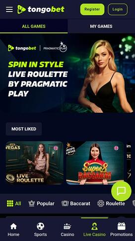 Página móvil del casino TongoBet con crupier en vivo
