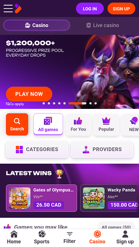 TonyBet Casino Mobile Homepage