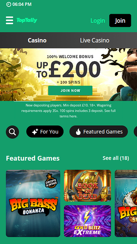 Toptally Casino Mobile Homepage
