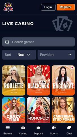 Toshi.bet Casino live dealer mobile page