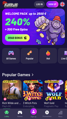 TuffPuff Casino Mobile Homepage