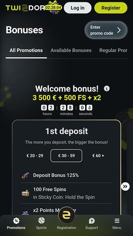 Twindor Casino promotions mobile page