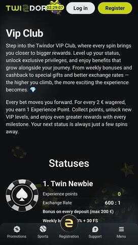 Twindor Casino VIP mobile page