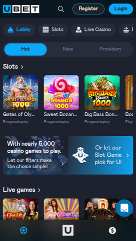 Ubet Casino Mobile Homepage
