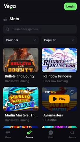 Captura de pantalla de la página de juegos para móviles de VegaBet Casino