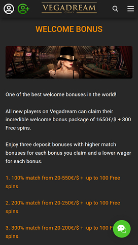 Vegadream Casino Mobile Welcome Bonus