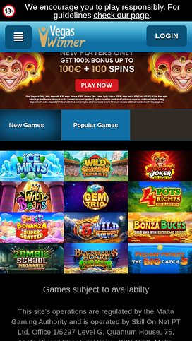 Vegas Winner Casino Mobile Homepage
