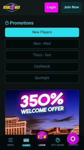 Vegas2Web Casino promotions mobile page