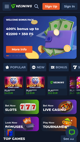 Homepage screenshot of Velwins Casino for Mobile