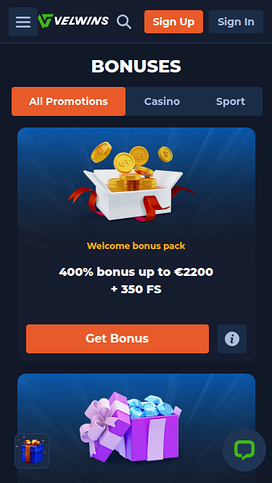Promotions screenshot of Velwins Casino for Mobile