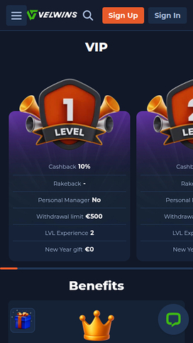 VIP screenshot of Velwins Casino for Mobile