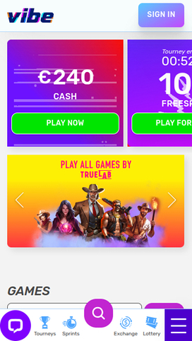 Vibe Casino Mobile Homepage