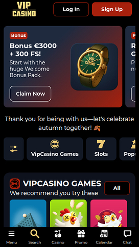 Homepage screenshot of VipCasino for Mobile