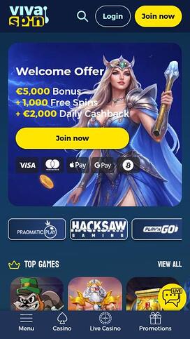 Página de inicio móvil del casino Vivaspin