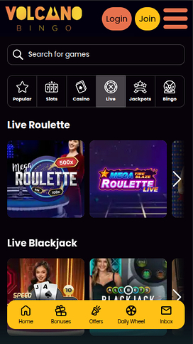 Volcano Bingo Casino Mobile Live Dealer