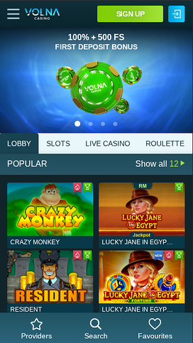 Volna Casino Mobile Homepage