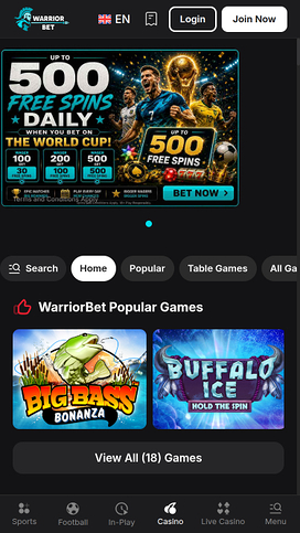 Página de inicio de WarriorBet Casino para escritorio