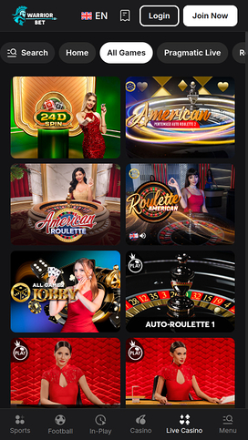 Casino móvil WarriorBet con crupier en vivo