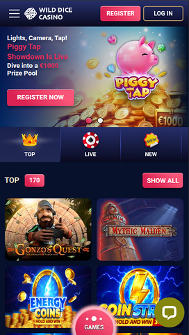 Página de inicio móvil de Wild Dice Casino