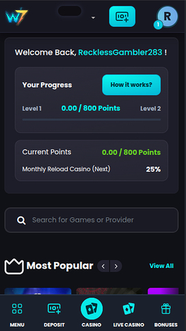 Wild7 Casino Mobile Homepage