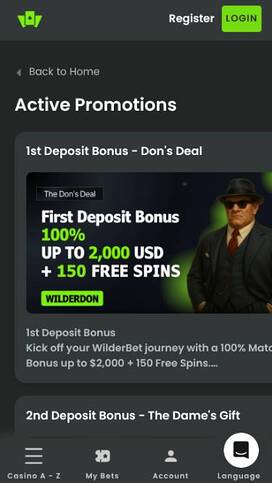 Promotions mobile page screenshot of Wilderbet Casino