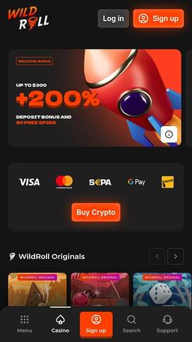WildRoll Casino mobile homepage