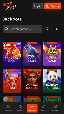 WildRoll Casino jackpot mobile page