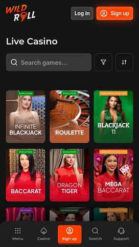 WildRoll Casino live dealer mobile page