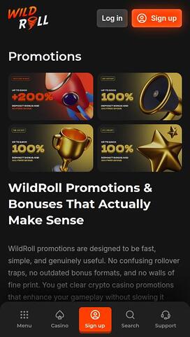 WildRoll Casino promotions mobile page