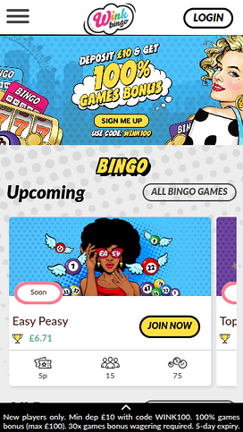 Wink Bingo Casino Mobile Homepage