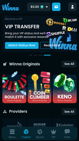 Winna Casino Mobile Homepage