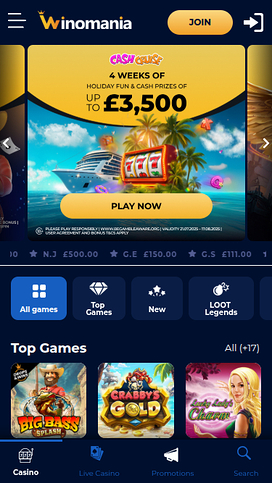 WinOMania Casino Mobile Homepage