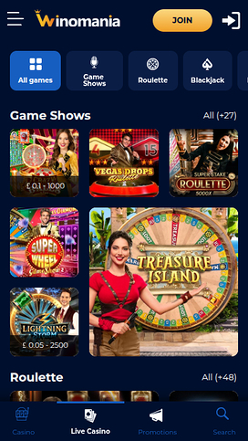 WinOMania Casino Mobile Live Dealer