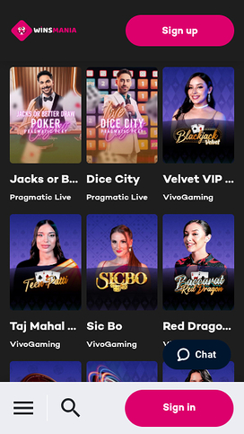 WinsMania Casino Mobile Live Dealer