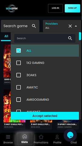 Captura de pantalla de la página de desarrolladores de juegos móviles de WinSpin Casino