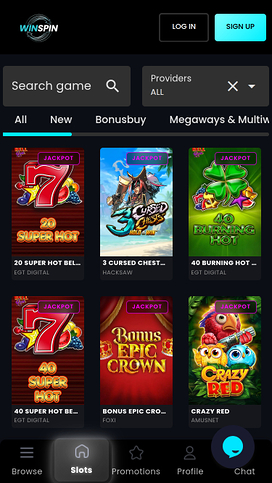 Captura de pantalla de la página de juegos con jackpot móvil de WinSpin Casino