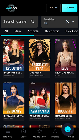 Captura de pantalla de la página de crupier en vivo para móviles del casino WinSpin