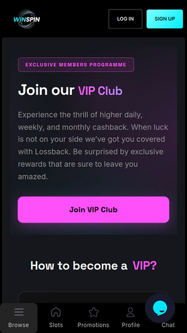 Captura de pantalla de la página VIP del casino WinSpin
