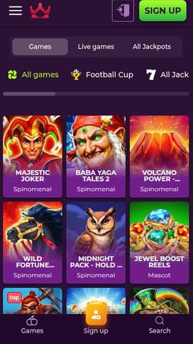 Games mobile page screenshot of Wizebets Casino